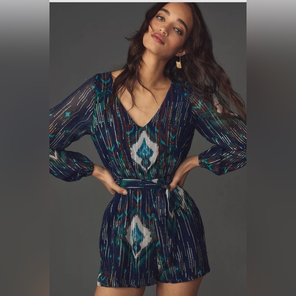 Anthropologie Celina Moon Alia Short Romper Blue /Green Metallic Sz-XS NWT-188$